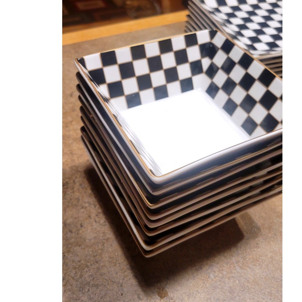 Set of 4 Square Appetizer Dessert Bowls Black White Checkerboard Gold Rimmed - Picture 4 of 4